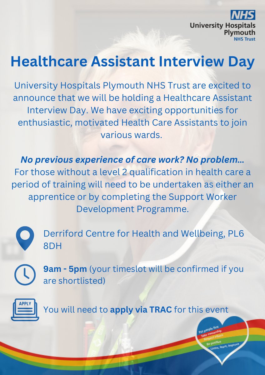 <a href="/UHP_NHS/">University Hospitals Plymouth NHS Trust</a> are holding a Healthcare Assistant Interview Day on Friday 26th July. 

You will meet with our senior Nursing team, alongside have an opportunity to interview on the day for a role with us.

Applications can be submitted here:

beta.jobs.nhs.uk/candidate/joba…

<a href="/DerrifordNurses/">UHP Nursing 💙</a>