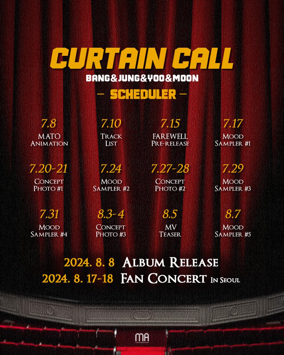 maenter1234's tweet image. BANG&amp;amp;JUNG&amp;amp;YOO&amp;amp;MOON 
The EP Album 'CURTAIN CALL' Scheduler

2024.08.08 6PM (KST) Release

#방용국 #정대현 #유영재 #문종업 
#BANGYONGGUK #JUNGDAEHYUN 
#YOOYOUNGJAE #MoonJongUp 
#커튼콜 #CURTAIN_CALL