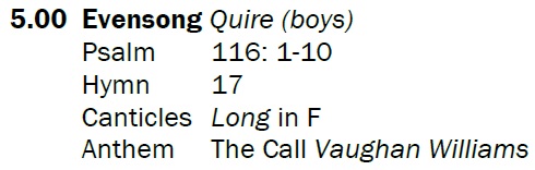 The boys of the Cathedral Choir sing music by #KennethLong and the beautiful anthem 'The Call' by #RalphVaughanWilliams at Evensong today. All are welcome.