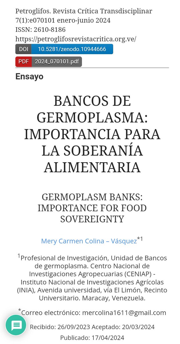 #4Julio2024 Consulta el ensayo Bancos de germoplasma: Importancia para la soberanía alimentaria de la Inv. Mery Colina publicado en <a href="/PetroglifosRev/">Petroglifos Revista Crítica Transdisciplinar</a> 7(1) enero-junio 2024. Enlace: petroglifosrevistacritica.org.ve/revista/bancos… #revista #online #FelizJuevesATodos