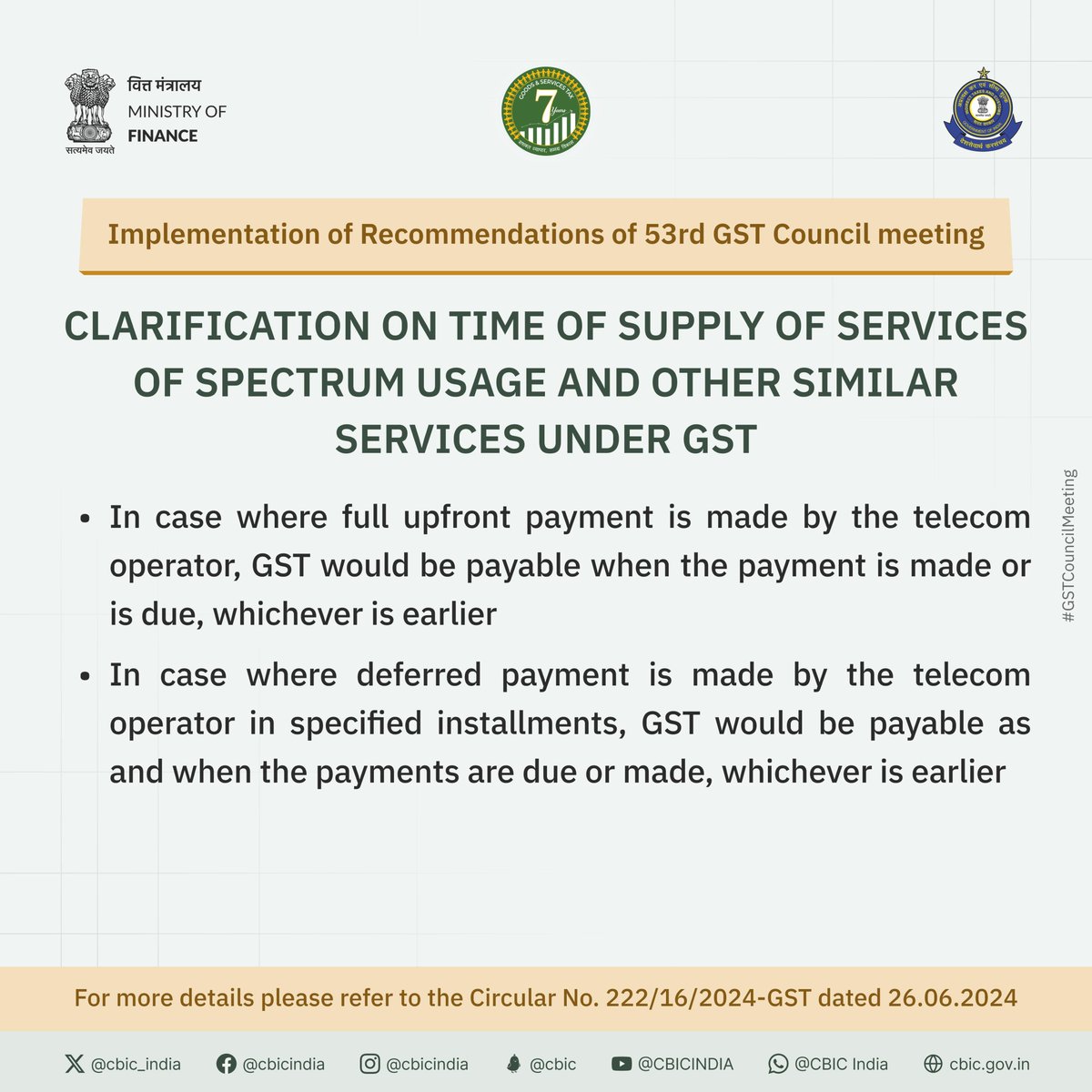 cbic_india's tweet photo. Clarification on time of supply of services of spectrum usage and other similar services under GST https://t.co/JMszjTEsEQ