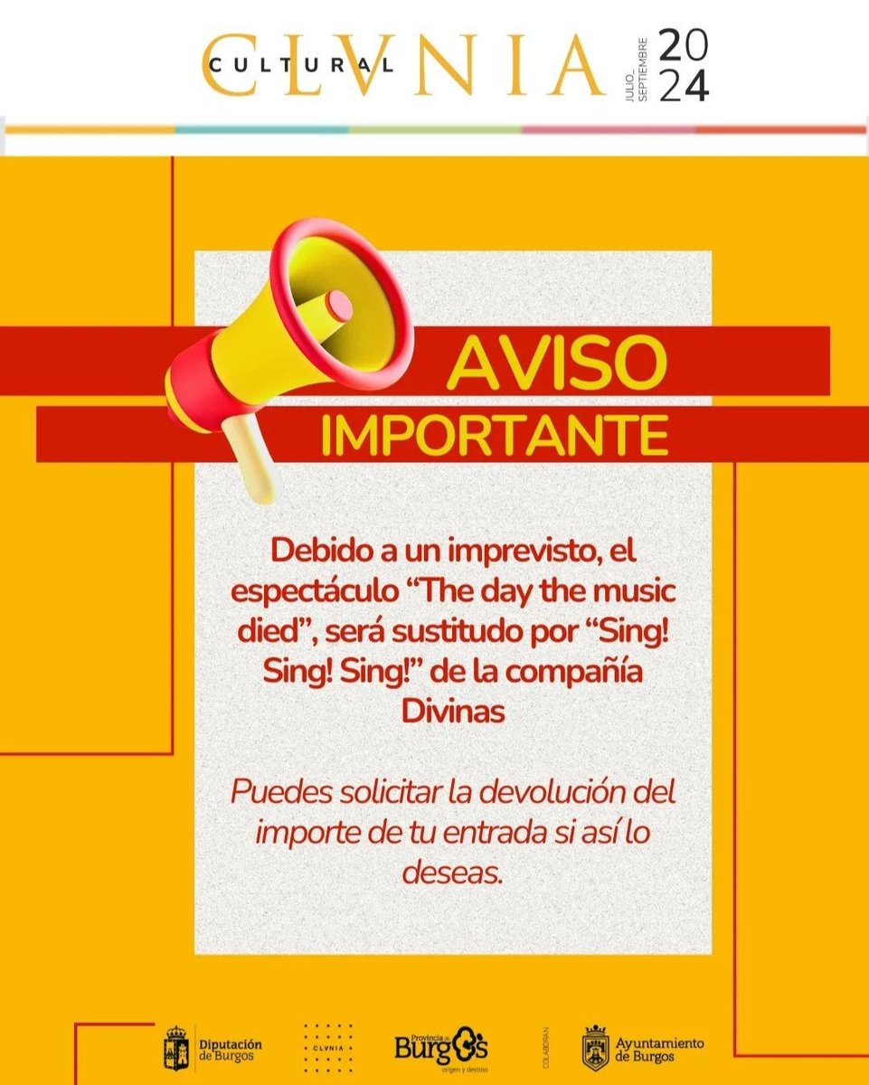 Buenas Clunienses!!
⚠️⚠️Debido a un imprevisto el espectáculo "The day the music died# de la compañía las Divinas será sustituído por "Sing! Sing! Sing!" de la misma compañía.
🎟️🎟️ Aquellos que así los deseéis podéis solicitar la devolución de las entradas.Sentimos las molestias.