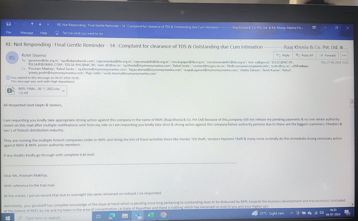 Rohittshrma's tweet photo. Respected Seniors,
I am requesting you kindly take strict  strong action against company in the name of RKPL (Raaj Khosla &amp; Co. Pvt Ltd, My Money Mantra) because of this company still not releasing my pending payments from long time &amp; no one senior authority revert on mail. https://t.co/05UmwMdITf