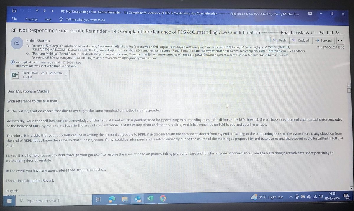 Rohittshrma's tweet photo. Respected Seniors,
I am requesting you kindly take strict  strong action against company in the name of RKPL (Raaj Khosla &amp; Co. Pvt Ltd, My Money Mantra) because of this company still not releasing my pending payments from long time &amp; no one senior authority revert on mail. https://t.co/05UmwMdITf