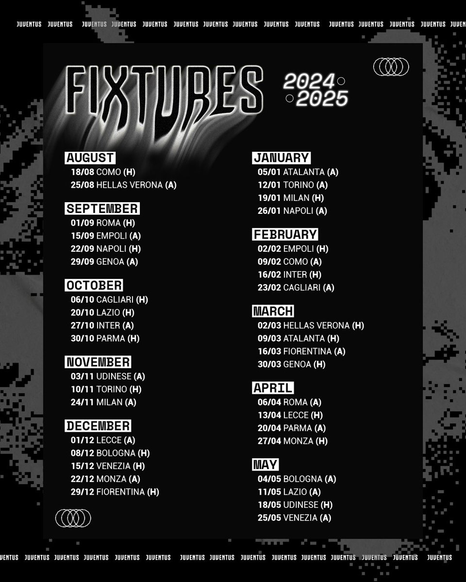 juventusfc's tweet photo. Bianconeri, pronti? ⚪️⚫️

Calendario della prossima @SerieA 24/25 completato! ✅

Iniziamo in casa contro il Como, chiudiamo con la trasferta di Venezia! ⚪️⚫️

Qui tutti i nostri appuntamenti in campionato 👉🏻 https://t.co/dggoL1IFCO https://t.co/ilKeZpu3fX