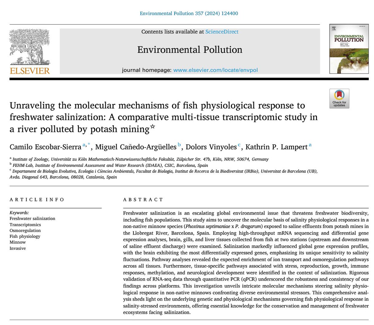 Can wild fish health be assessed through RNA? We're getting closer! Check our new paper in Environmental Pollution. #paperalert #omics #Transcriptomics
@RESIST_CRC,@mcanedofem,<a href="/BiologiaUB/">Facultat de Biologia UB</a>,<a href="/IDAEA_CSIC/">Inst. of Environmental Assessment & Water Research</a>, <a href="/UniCologne/">Universität zu Köln</a>
doi.org/10.1016/j.envp…