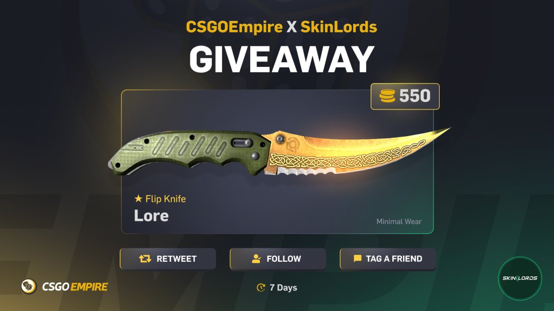 SkinLords's tweet photo. Flip Knife Lore 🎁 $550 CS2 Knife Giveaway

To enter:
✔️ Follow @CSGOEmpire & @SkinLords 
✔️ Tag two friends & repost

Ends in 7 days. Good luck!