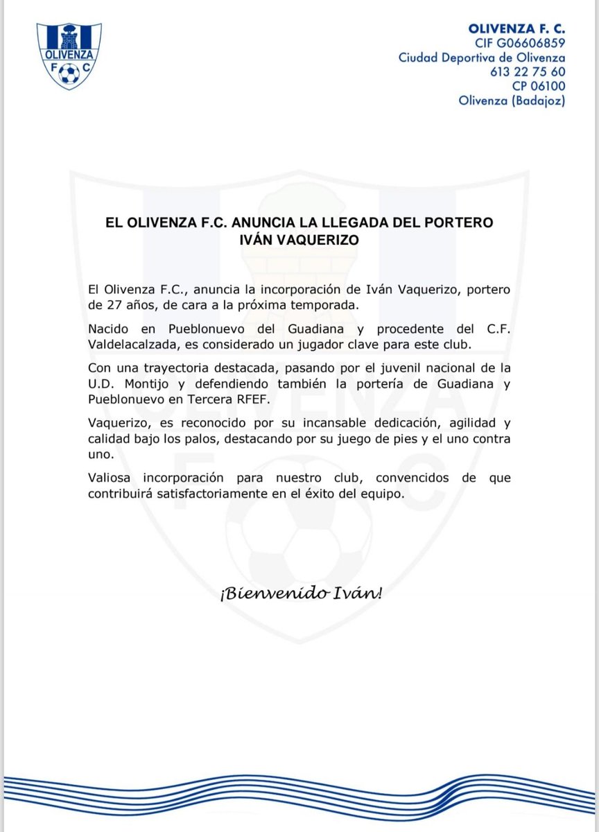 OlivenzaF_C's tweet photo. FICHAJE 📢 | Iván Vaquerizo nuevo fichaje  del Olivenza FC.

👐🏽 El guardameta reconocido por su agilidad y calidad bajo los palos, se incorpora a las filas de nuestro Club.

#InsistirPersistiryNuncaDesistir 
#LosDragonesdeOlivenza https://t.co/6wOLCHAz2X