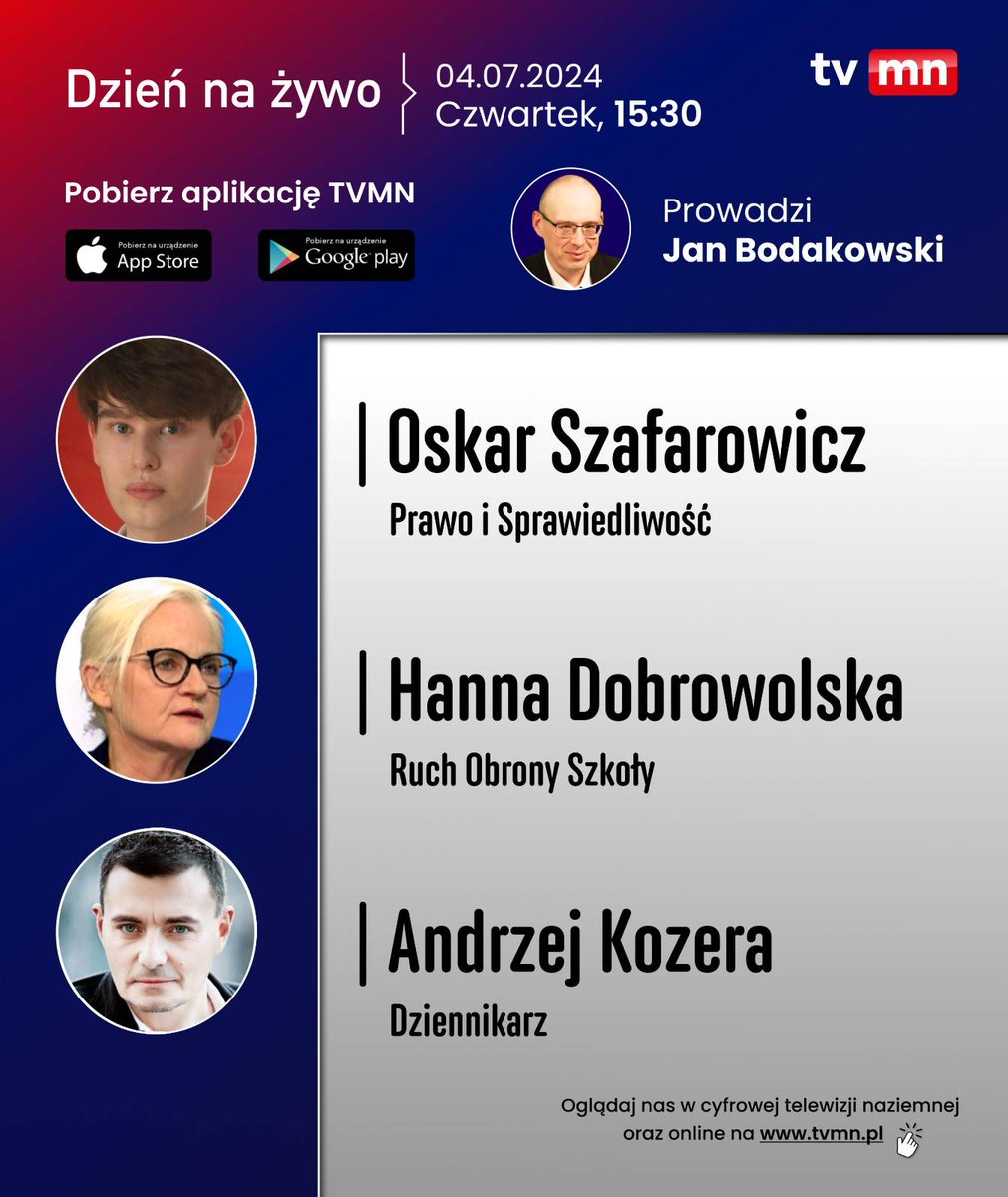 TVMediaNarodowe's tweet photo. 💥Zapraszamy do oglądania programu #DzieńNaŻywo w TVMN, gośćmi @jan_bodakowski będą:
🟥 @Szafarowicz2001
🟥 Hanna Dobrowolska
🟥 Andrzej Kozera
✅Oglądaj #TVMN w wybranych sieciach kablowych oraz online na stronie https://t.co/qK5i6t8XEk
#BezPoprawnościPolitycznej
Nasza TV działa tylko dzięki Tobie. Wesprzyj polskie media - https://t.co/Q5GL3yxT2E
WESPRZYJ POLSKIE MEDIA 🇵🇱
Numer konta do wsparcia:
33 1020 1055 0000 9302 0571 0100
Tytułem: Darowizna na TVMN
lub poprzez PayPal: https://t.co/cnY9Bo2ig0