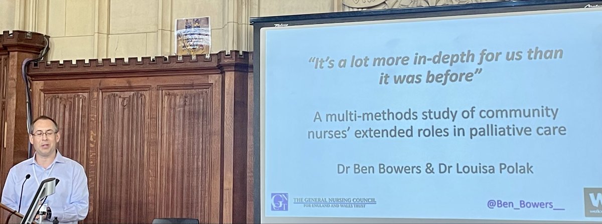<a href="/cmpenfold/">Chris Penfold</a> Next <a href="/Ben_Bowers__/">Dr Ben Bowers</a>  explores community nurses’ views &amp; experiences of their new or extended roles in palliative care.

Larger case loads &amp; more complex work.

Opportunities but risk of moral distress 

Fragmented relationships w/ GPs left them feeling unsupported