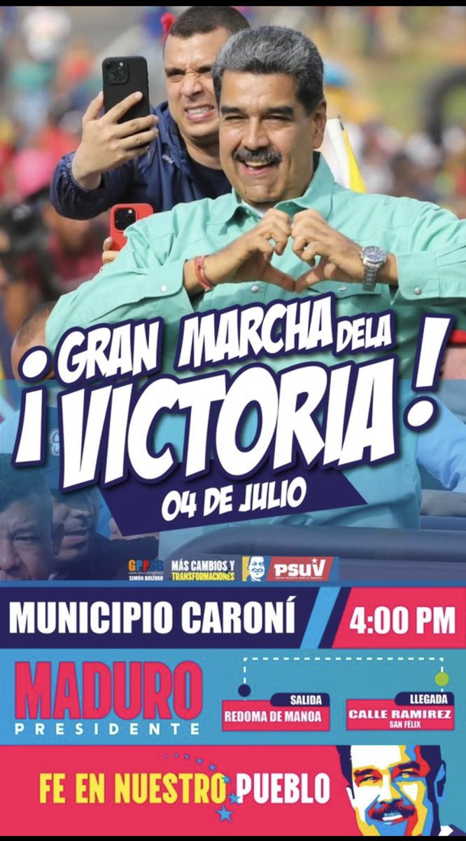 Hoy jueves comienza  la campaña por el triunfo del candidato de la Patria <a href="/NicolasMaduro/">Nicolás Maduro</a> .

70 marchas en el país en honor al Cmdte Chávez .

En Bolívar, 3 ciudades con mayor concentración de pueblo dirá contundente  con #Nico vamos Palante !!! 

#VenezuelaVaConTodo