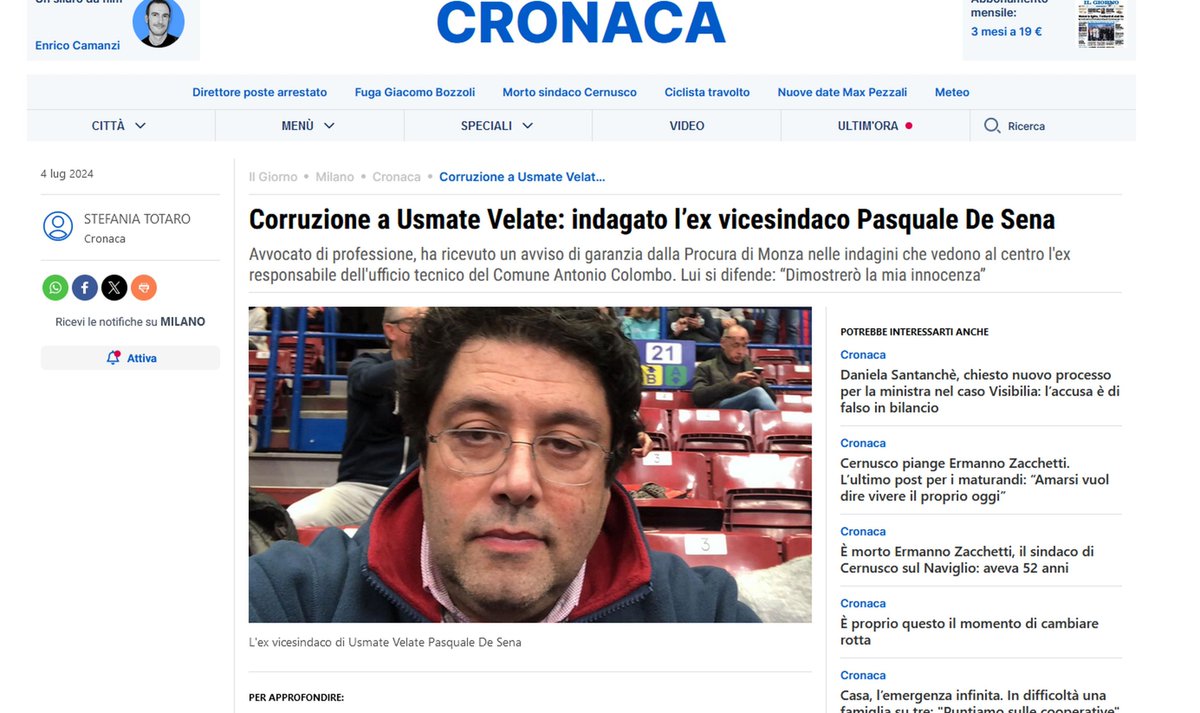 Usmate  Velate  4 Luglio 2024 - Anche l'ex vicesindaco di  Usmate Velate Pasquale De Sena è indagato nell'inchiesta della Procura  di Monza per corruzione nell'urbanistica che vede al centro l'ex  responsabile dell'ufficio tecnico del Comune usmatese Antonio Colombo.