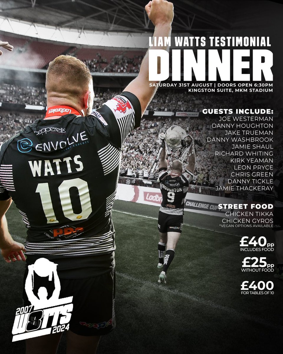 Testimonial Dinner  31st of August.

Come join me and the boys straight after Hull v Cas in the Kingston Suite. 

Hosted by the one and only <a href="/Waggataurus/">Wayne Godwin</a> 

Book your tickets 👇🏼

buy.stripe.com/eVa00zbOpfHm0V…