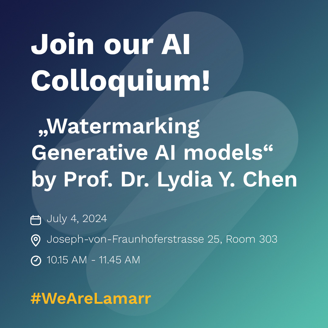 ⏳ Our next AI Colloquium with Prof. Lydia Chen from <a href="/UniNeuchatel/">Université Neuchâtel</a> &amp; <a href="/tudelft/">TU Delft</a> on "Watermarking Generative AI Models" starts at 10:15!🌊
📍 Where? Joseph-von-Fraunhofer-Str. 25, Room 303, and via #Zoom: ai.tu-dortmund.de/ai-colloquium/…
👋 See you there! #AI #TechTalk