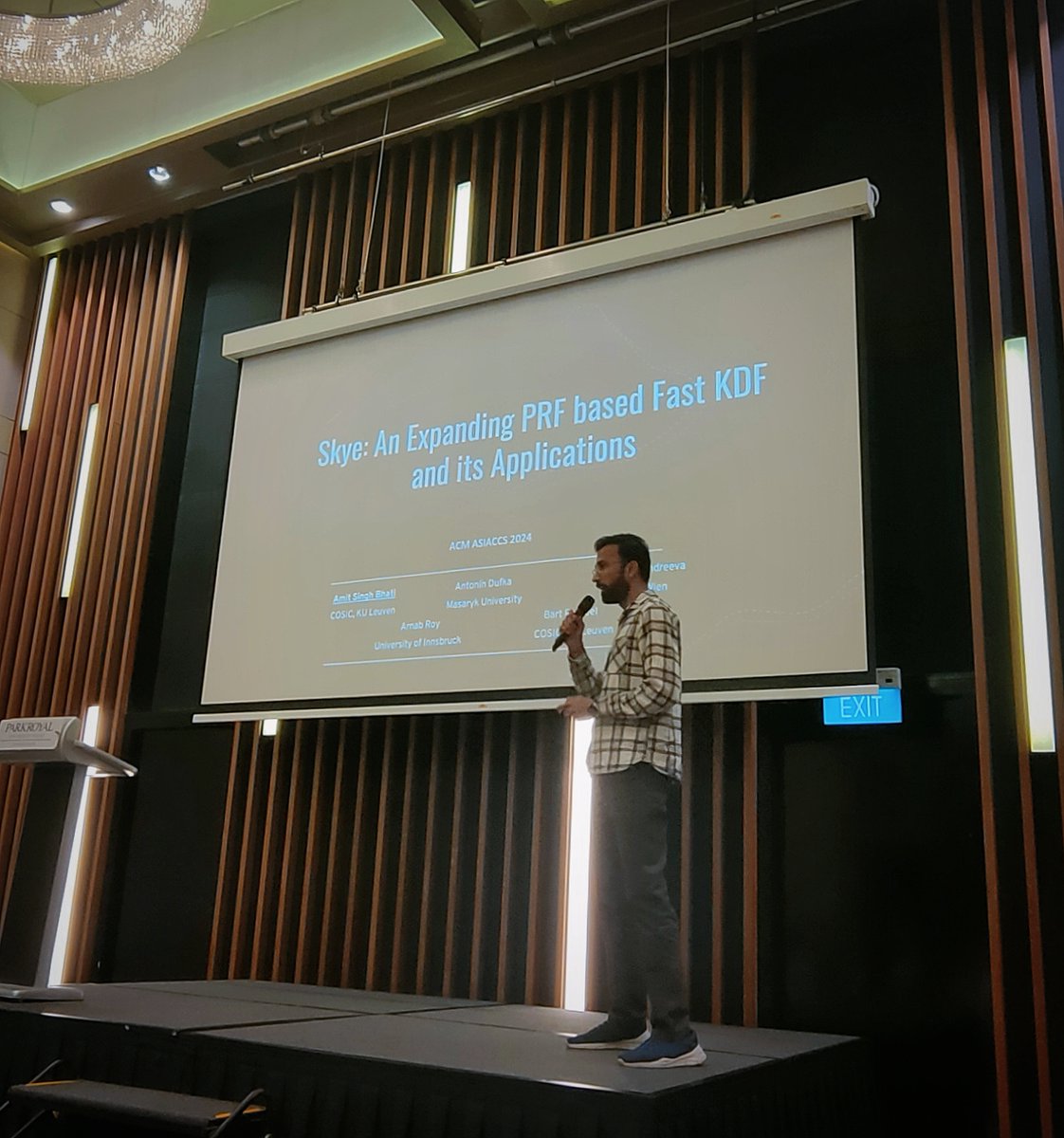 CosicBe's tweet photo. Some pictures of Amit Singh Bhati presenting "Skye: An Expanding PRF based Fast KDF and its Applications" at ACM @ASIACCS2024  in Singapore today. https://t.co/JGLu6O9FbJ