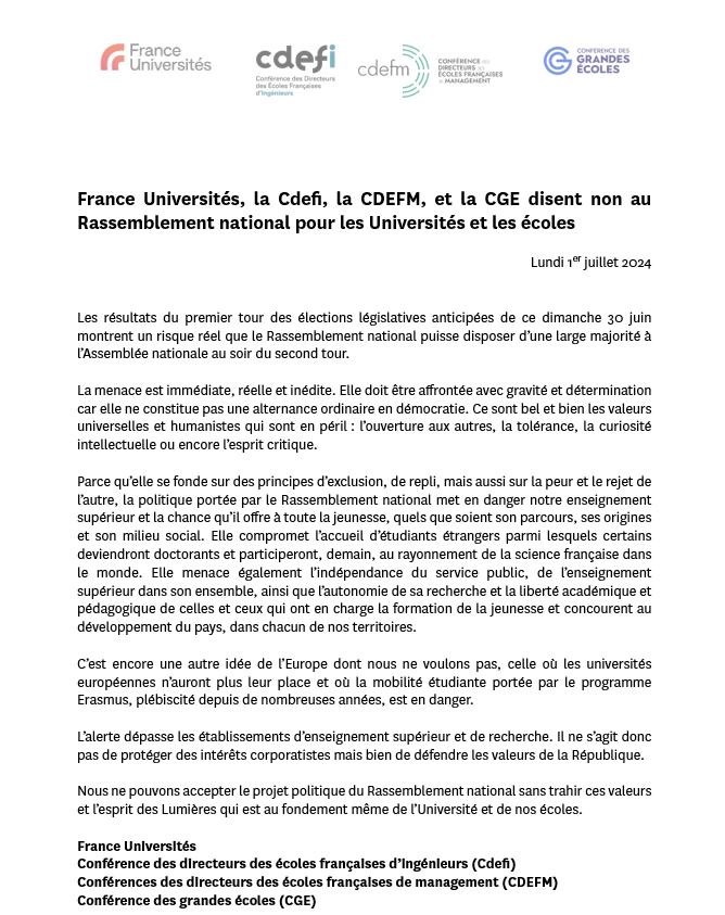 L'université porte haut les valeurs humanistes et républicaines. Face aux résultats du 1e tour de scrutin des élections législatives, il est plus que jamais nécessaire de les défendre. Je m'associe sans réserve au communiqué publié par France Universités :
franceuniversites.fr/actualite/fran…