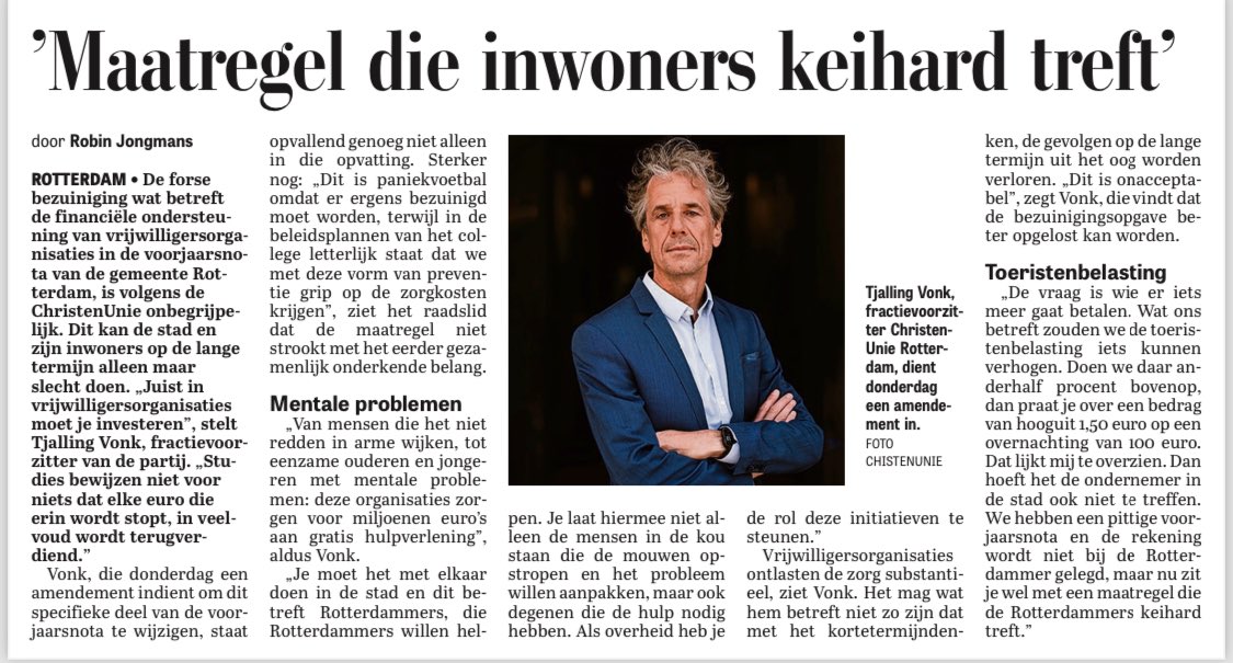 Laat de Rotterdammer niet meer betalen! Dankzij de aangekondigde bezuinigingen van het college op vrijwilligersinitiatieven gaan de zorgkosten op termijn omhoog. Daarom willen we de toeristenbelasting minimaal verhogen, zodat de rekening niet bij de Rotterdammer komt te liggen.