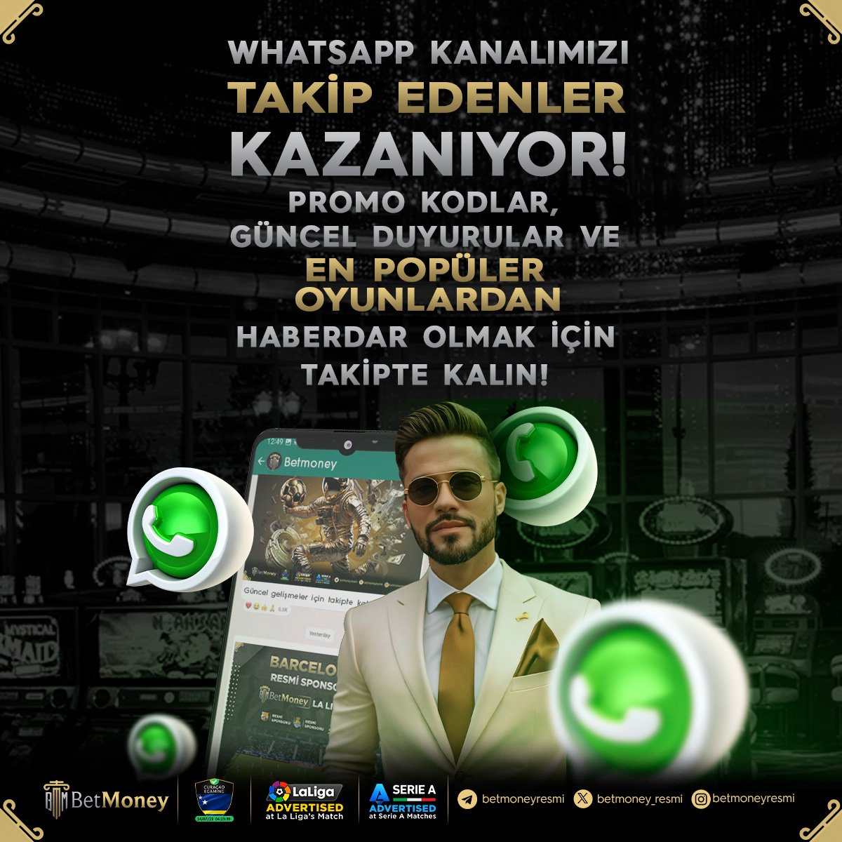 📳 Whatsapp Kanalımızı Takip Edenler Kazanıyor!

🎁 Promo Kodlar, Güncel Duyurular Ve En Popüler Oyunlardan Haberdar Olmak İçin Takipte Kalın!

🏆 Barcelona ve Juventus Resmi Sponsoru!

✅ Türkiye’nin En Güvenilir Bahis Platformu BetMoney!

👉 Whatsapp; kisalt.gg/Moneywp