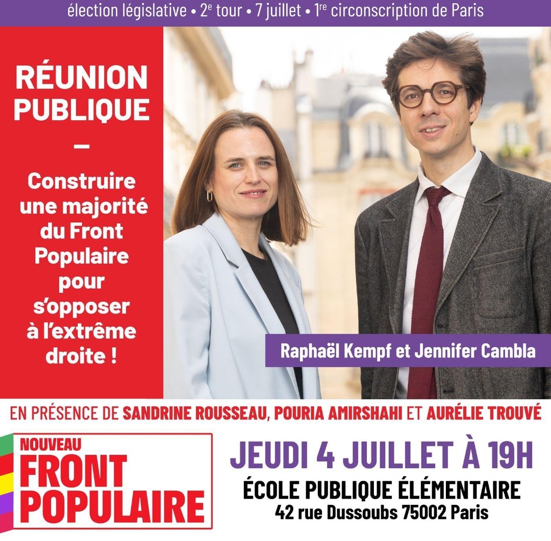 FrontPopParis01's tweet photo. Après une fabuleuse soirée hier autour de la culture et du danger que l'extrême-droite lui fait courir, c'est à une réunion publique que nous convient ce soir @raphkempf et @JCambla !

Avec @sandrousseau , @PouriaAmirshahi et @TrouveAurelie, pour construire une majorité NFP ! https://t.co/agJAIu18oZ