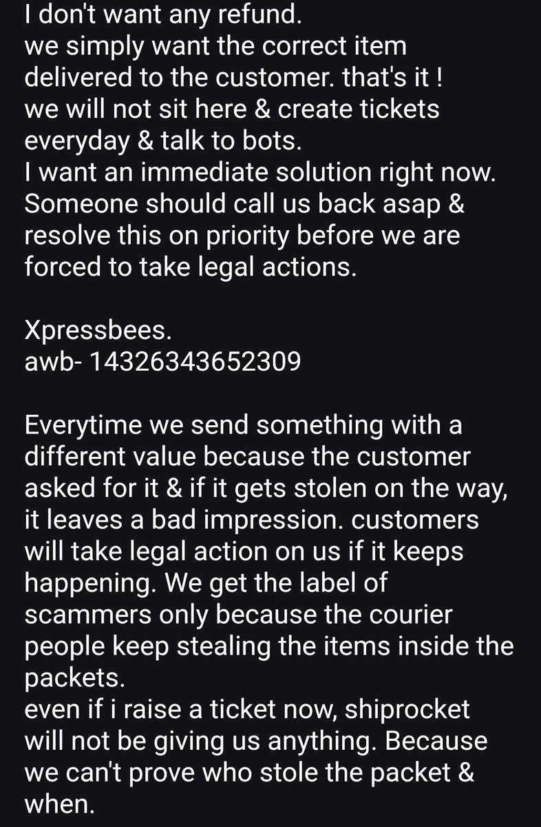 GautamSabharwa1's tweet photo. @saahilbigfoot @ShiprocketCare
After multiple emails, proofs given, escalations &amp; phone calls we still haven't received any solution. while doing all this, customer filed a complaint @ his local pamarru police station. all bec the courier people steal items. need urgent solution https://t.co/sUcnkItYHV