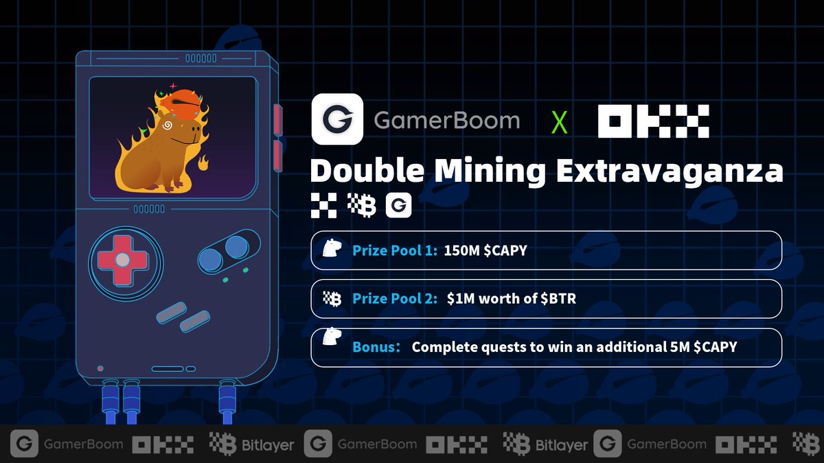 DMissionZone's tweet photo. 🤝  @Gamerboom_  and @okx  have joined forces to bring you the Double Mining Extravaganza, featuring amazing prize pools and thrilling quests!

How to Win ❓

💡 Complete All Quests on @DMissionZone 
💎 Reward: 5M $CAPY
👉🏻 https://t.co/DUZPpCTE4v

Extra Rewards ⬇️

Play the Capybara TapTap daily game to earn additional 150M $CAPY based on your game points.
👉🏻 https://t.co/Y7frsHlgvI

Participate in Bitlayer’s activities on OKX Cryptopedia to earn $BTR airdrops based on your points.
👉🏻 https://t.co/yH5jOxympE

Get involved and see what you can win! 🕹