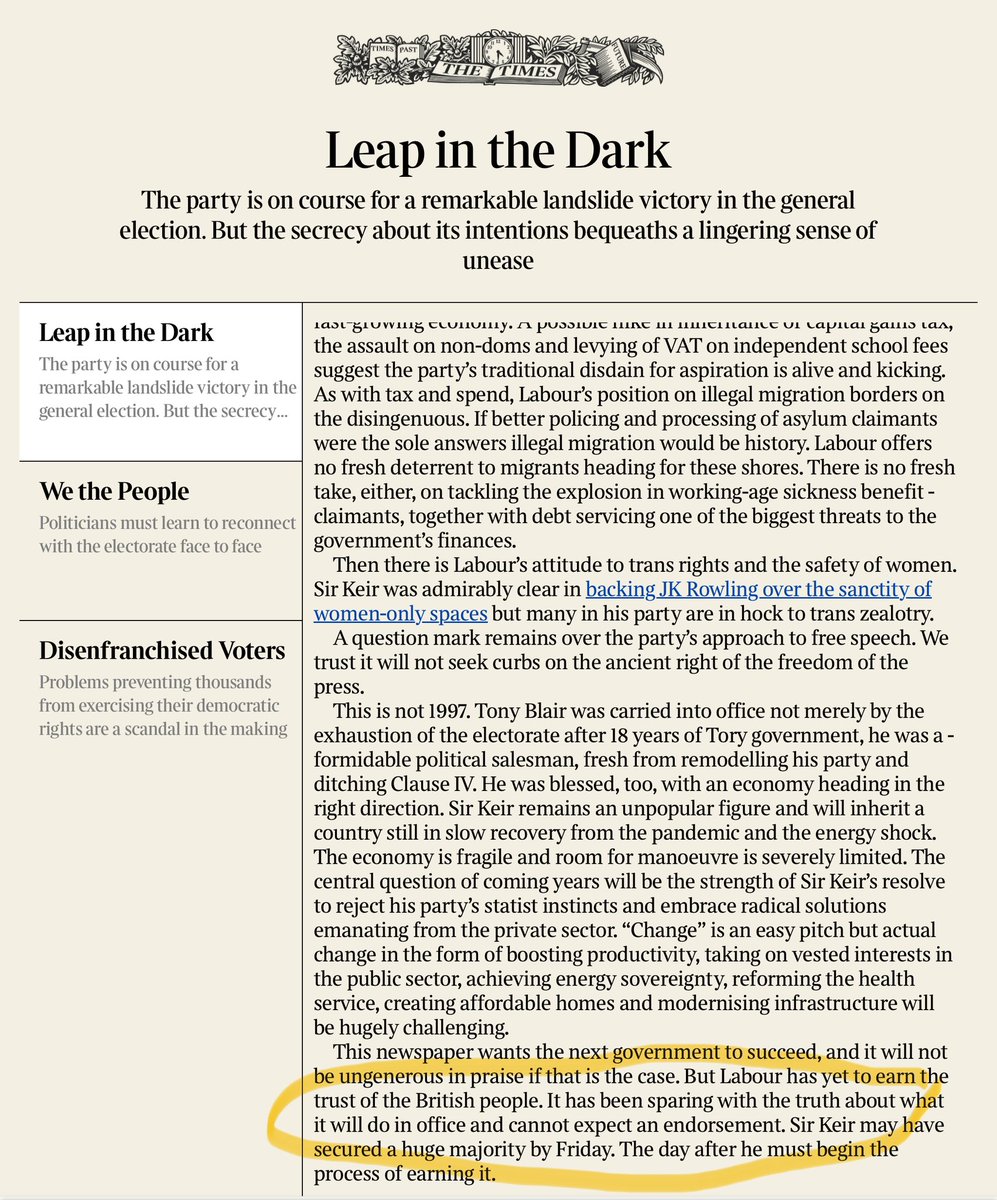 arusbridger's tweet image. If you read right to the end of an interminable editorial today you will stumble on the fact that no party - not even Labour - can meet the exacting standards necessary to obtain the endorsement of The Times. The Thunderer has fallen mute.