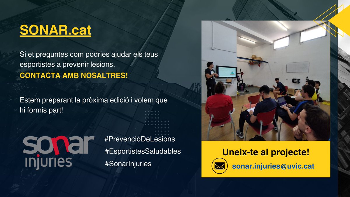 🚨🚨🚨

Entrenes o fas la preparació física d'una entitat esportiva i et preocupa l’augment de lesions en els darrers anys? 

Si és així, aquest tweet és per tu!🎯
#sonarinjuries #prevenciódelesions