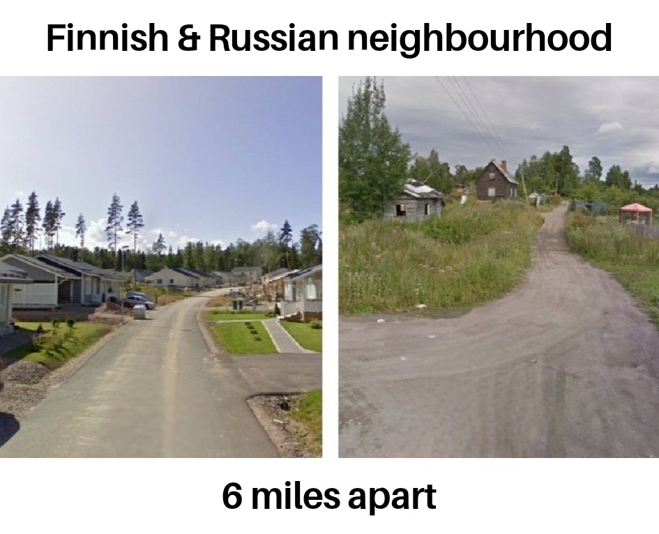 HotSotin's tweet photo. Average neighborhoods in Finland and russia, 10 kilometers apart from each other. https://t.co/cjmHUXCb7W