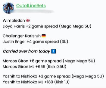 ItsCappersPicks's tweet image. #OUTOFLINEBETS 
#TENNISMONSTER 
#KIMSPICKS 

#MatchPointBets 

Safiullin - 115 3U
Khachanov + Tsitsipas Parlay 3U
Khachanov + Musetti Parlay 3U
Popyrin -135 2U

Harris +120 2U
Hurkacz + Tabilo Parlay 2U
Mpetshi Pericard - 2.5 - 110 2U
Norrie + 220 1U

#RbsSportsPlays 
Cobolli