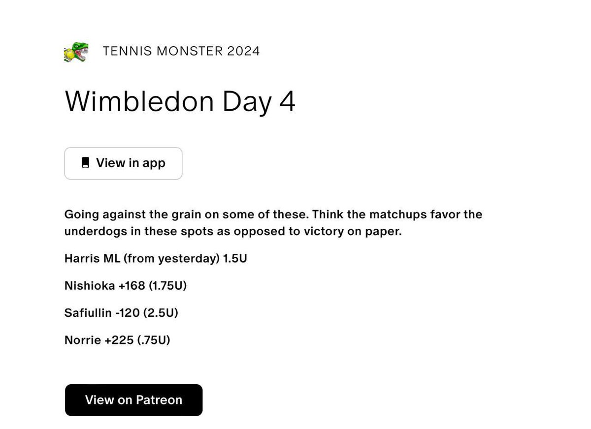 ItsCappersPicks's tweet image. #OUTOFLINEBETS 
#TENNISMONSTER 
#KIMSPICKS 

#MatchPointBets 

Safiullin - 115 3U
Khachanov + Tsitsipas Parlay 3U
Khachanov + Musetti Parlay 3U
Popyrin -135 2U

Harris +120 2U
Hurkacz + Tabilo Parlay 2U
Mpetshi Pericard - 2.5 - 110 2U
Norrie + 220 1U

#RbsSportsPlays 
Cobolli