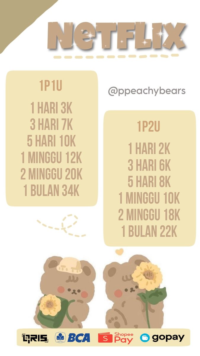 ppeachybears's tweet photo. hai hai sini yuk aku ada netflix 🙌🏻 dijamin fast respon dan fast process 🙆🏼‍♀️ bisa dapet loyalty card juga di aku 🤩✨️

🧸 100% trusted &amp; full garansi
💸 qris, bca, spay, gopay

#zonauang #zonajajan https://t.co/xUvlbPmnYm