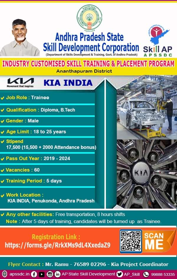 ravivallabha's tweet photo. APSSDC - #Kia #India - Industry Customized Skill Training & Placement Program (#ICSTP)
Registrations are Opened
For more details on eligibility visit https://t.co/pMMTenSQh0
Contact: For any details : Mr. Ramu - 7658902296, APSSDC helpline : 99888 53335 https://t.co/kB4DWAs3Uf