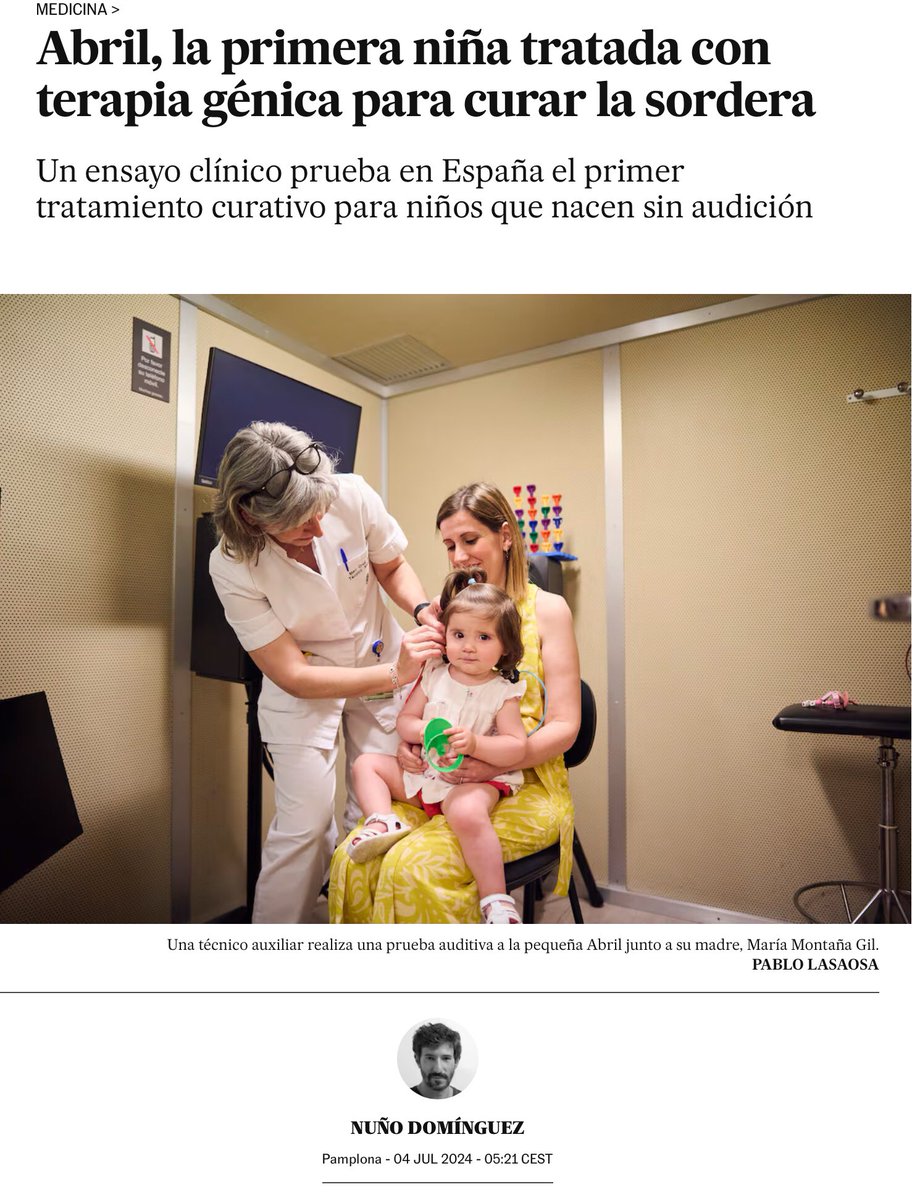 NoInvisibles's tweet photo. Primera intervención en @ClinicaNavarra de un ensayo, que también se desarrollará en el Ramon y Cajal de Madrid y en el Materno de Las Palmas
Abril, la primera niña tratada en España para curar la sordera, poco frecuente, con la que nació, con la #terapiagénica DB-OTO, desarrollada por la🇺🇸 @Regeneron.
Hasta ahora se paliaba con #implantecoclear, pero de esta manera se cura👍
@Nunodomin en @el_pais👇
https://t.co/dBi03m6byN
