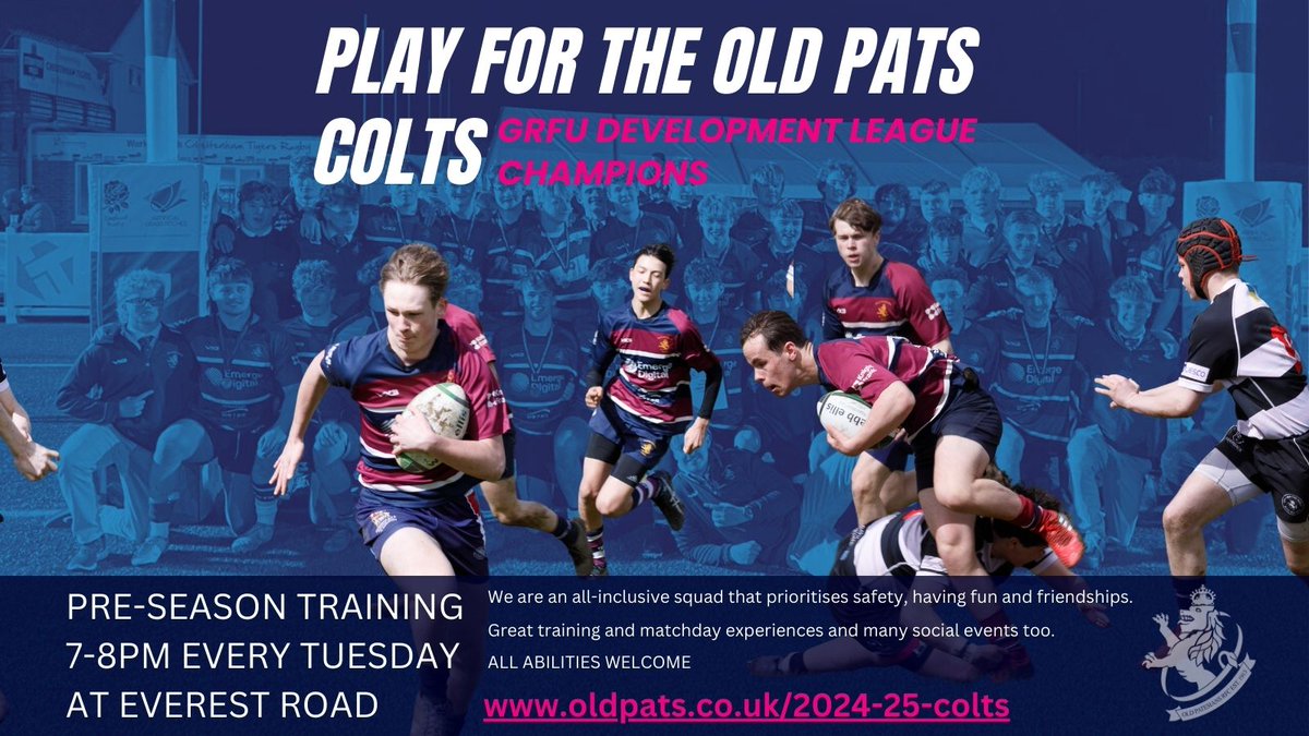 OldPatesiansRFC's tweet photo. Colts Summer training has started, and we're looking for new players OF ALL ABILITIES to join one of the most successful Colts teams in the region. For more info go to https://t.co/XfXhyEWpat https://t.co/CU9aqugPyz