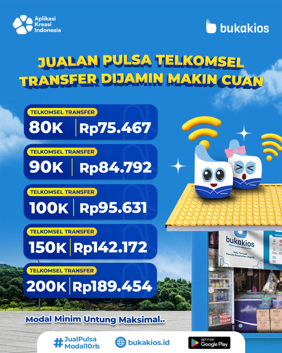 bukakiosnet's tweet image. Modal Minim, Untung Maksimal! Jualan pulsa Telkomsel Transfer dijamin makin cuan 💸
Bikin Kontermu makin Laris dengan @bukakiosnet !
Install di Playstore Sekarang! 📲✨

#Bukakios #PulsaTekomsel #PulsaTransfer #PulsaMurah #Bukakios #SemuaBisaBukakios #JualPulsaModal10Ribu