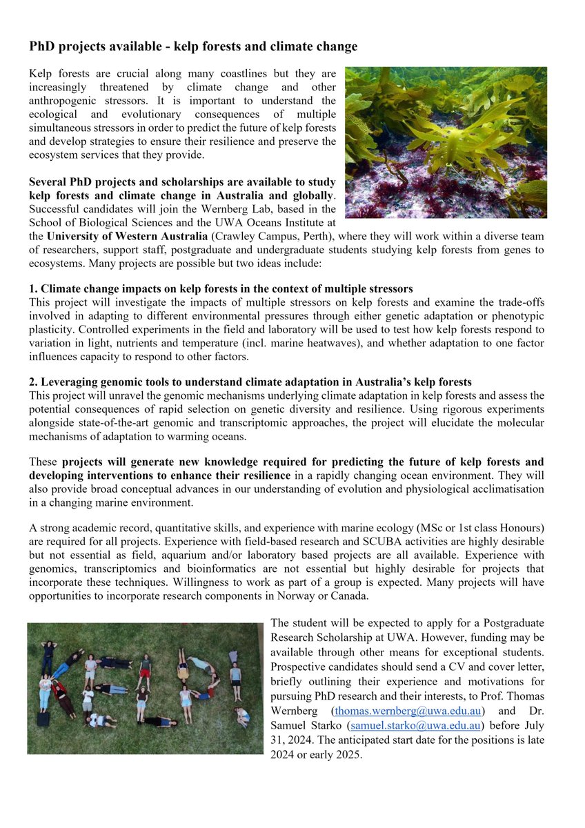 Samuel Starko (@samstarko) on Twitter photo Join us at <a href="/uwaoceans/">UWA Oceans Institute</a> in beautiful Perth, Australia!
<a href="/twernberg/">Thomas Wernberg</a> and I are looking for PhD students to study #kelp #forests and #climatechange. Applications due July 31! Both domestic and international students are encouraged to apply.
Please share widely :) Join us at <a href="/uwaoceans/">UWA Oceans Institute</a> in beautiful Perth, Australia!
<a href="/twernberg/">Thomas Wernberg</a> and I are looking for PhD students to study #kelp #forests and #climatechange. Applications due July 31! Both domestic and international students are encouraged to apply.
Please share widely :)