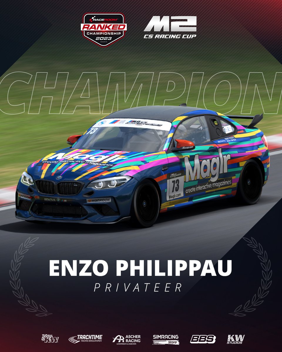 Congratulations to the Champion of the M2 CS Racing Cup 2024! 🏁

🏆 Enzo Philippau

After qualifying in the three round national series, Enzo secured the Global Championship with two solid results in the final event at Suzuka. 

#RaceRoom #RankedChampionship