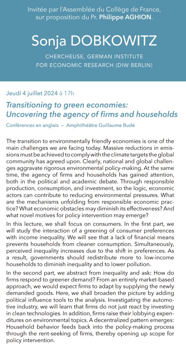 cdf_InnovLab's tweet image. Today we are very happy to have Sonja Dobkowitz (DIW Berlin) at the Collège de France. Come join us at 5pm for her lecture on "Transitioning to green economies: Uncovering the agency of firms and households" in the Amphithéâtre Guillaume Budé !