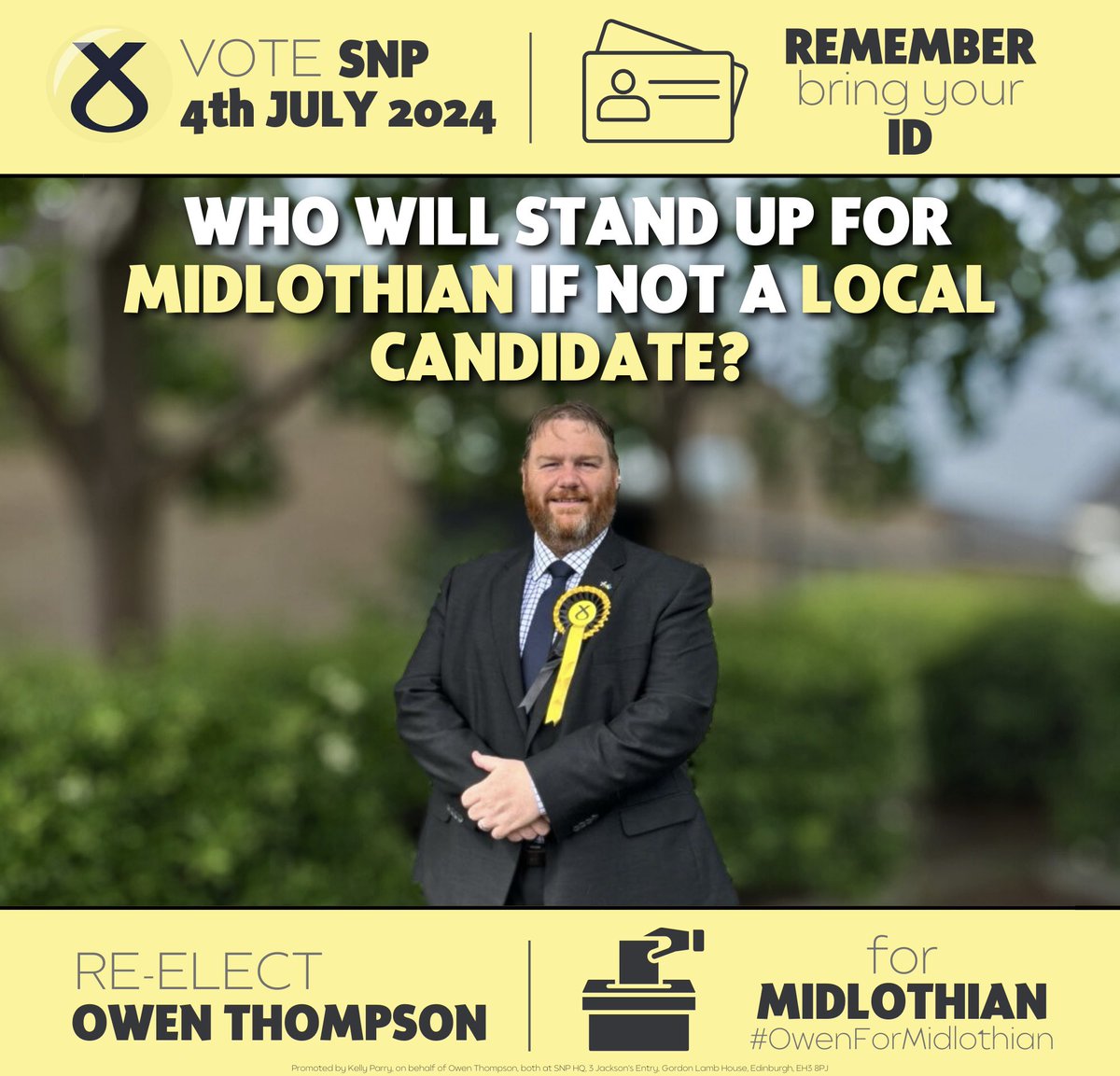 TeamMidlothian's tweet photo. 🚨 This election is on a knife edge - and every single vote will count.

📣Midlothian needs a strong voice in Westminster and as the only local candidate from the main parties I can be that voice.

#ReElectOwen #OwenForMidlothian #GeneralElection2024  #VoteLocal #ActiveSNP https://t.co/fVkJTJlO0F