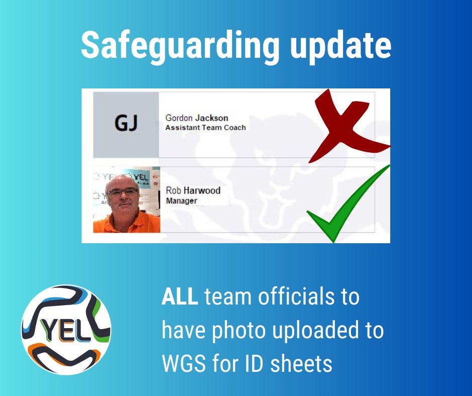 Plyrs have head &amp; shoulders image uploaded to WGS before they can be registered. Managers/Coaches are requested to do the same. Pls log in to WGS account &amp; upload a head/shoulders image so it's clear who's on the coaches side of the pitch &amp; they're suitably qualified to be there.