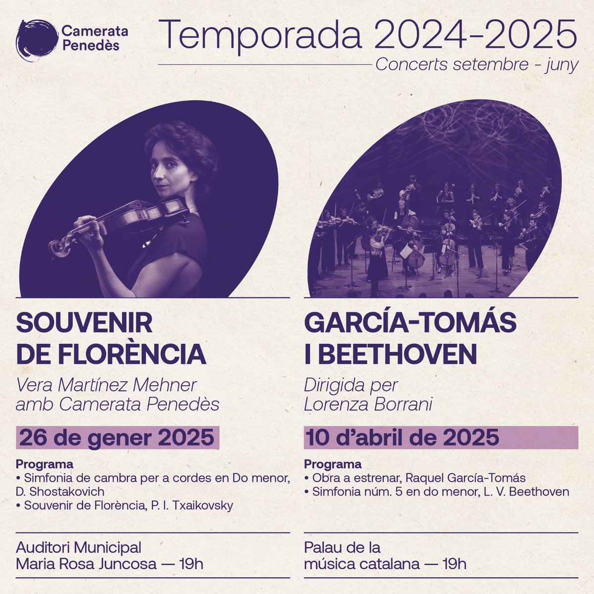 Espectacles Vilafranca (@espectaclesvila) on Twitter photo Temporada de clàssica 2024-2025 de la <a href="/CamerataP/">Camerata Penedès</a>.
🎻Quatre concerts a l'Auditori Maria Rosa Juncosa de Vilafranca i dos, al Palau de la Música. Temporada de clàssica 2024-2025 de la <a href="/CamerataP/">Camerata Penedès</a>.
🎻Quatre concerts a l'Auditori Maria Rosa Juncosa de Vilafranca i dos, al Palau de la Música.
