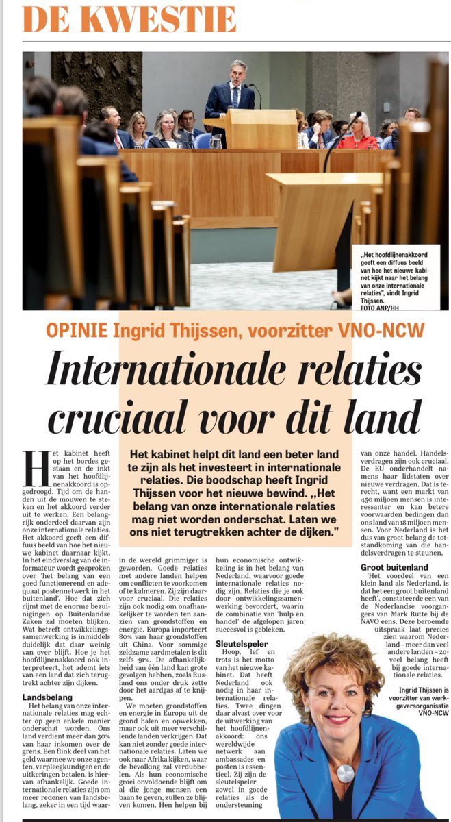 Heel goed stuk van Ingrid Thijssen van VNO-NCW over het belang van internationale samenwerking voor ons land. Dat belang kan niet onderschat worden.

“Hoe je het hoofdlijnenakkoord ook interpreteert, het ademt iets van een land dat zich terugtrekt achter de dijken”.

👇