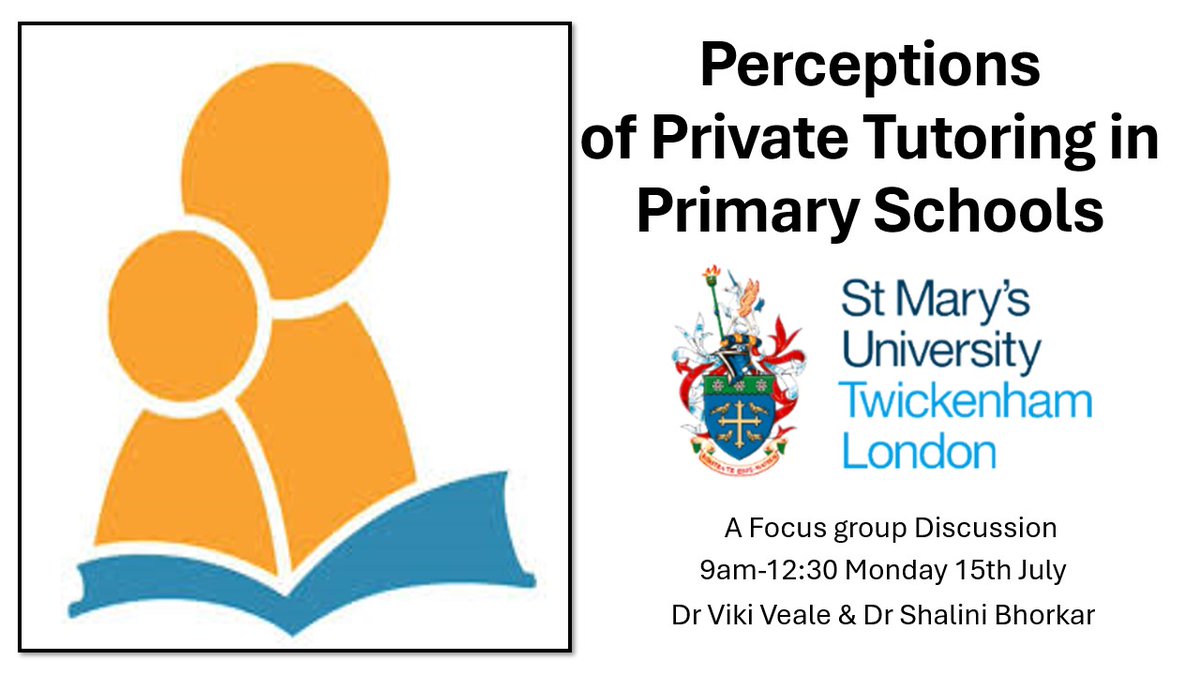 Teach St Mary's (@teachstmarys) on Twitter photo We would like to recruit five teachers working in schools where pupils receive private tutoring to join us for a focus group discussion at St Mary’s University on Monday 15th July (refreshments, supply and travel costs provided)
Interested? Contact viki.veale@stmarys.ac.uk We would like to recruit five teachers working in schools where pupils receive private tutoring to join us for a focus group discussion at St Mary’s University on Monday 15th July (refreshments, supply and travel costs provided)
Interested? Contact viki.veale@stmarys.ac.uk