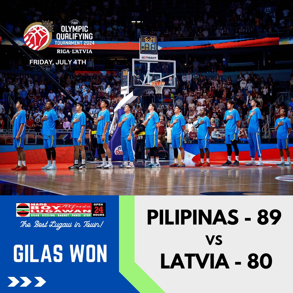 MLugawan's tweet photo. Pagbati mula sa Mang BoyAlfredo Lugawan para sa ating Men's National Basketball Team na Gilas Pilipinas sa pagkuha ng panalo kontra sa World Rank #6 na Latvia  National Team na ginanap kanina 04-July netong 12:00 am PHT sa Riga, Latvia sa iskor na 89 - 80.
#TheBestLugawInTown https://t.co/Vdr9v5i5BV