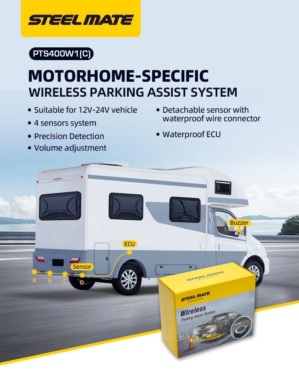 steelmateuk's tweet photo. PTS400W1(C). A convenient rear parking assist system ideal for motorhomes and commercial vehicles.

✅ 12V-24V
✅ 4 sensor system
✅ Volume adjustment
✅ Waterproof ECU
✅ Wireless communication

#car #cars #motorhome #parking #steelmate #steelmateautomotive #steelmateuk https://t.co/99DBAI7V5b