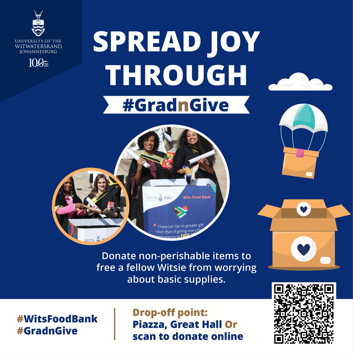 WitsUniversity's tweet photo. Celebrate your graduation by helping a fellow Witsie through #GradnGive initiative! Donate non-perishable food and toiletries to the Wits Food Bank or make a monetary donation online.
 
Drop-off point: Piazza, Great Hall/scan QR code to donate online

#WitsForGood #WitsFoodBank https://t.co/QMiWkM6Foq