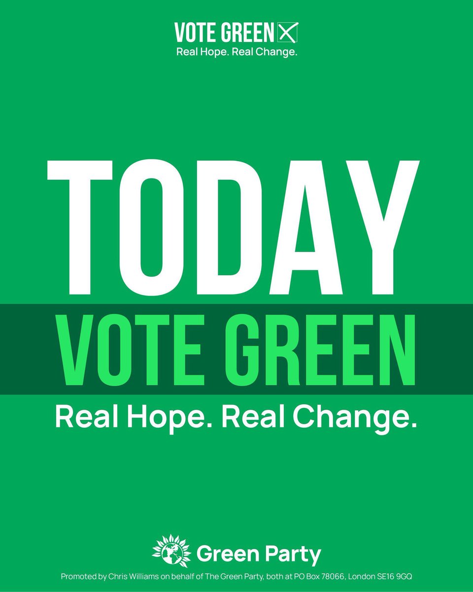 It’s time for the final push, voting day!! 🙌

After 6 weeks of hard work from all <a href="/TheGreenParty/">The Green Party</a> members, staff, councillors and candidates, as well as all of our supporters, it is finally time to make your voices heard! 🗣️

If you want real change, #VoteGreen 💚