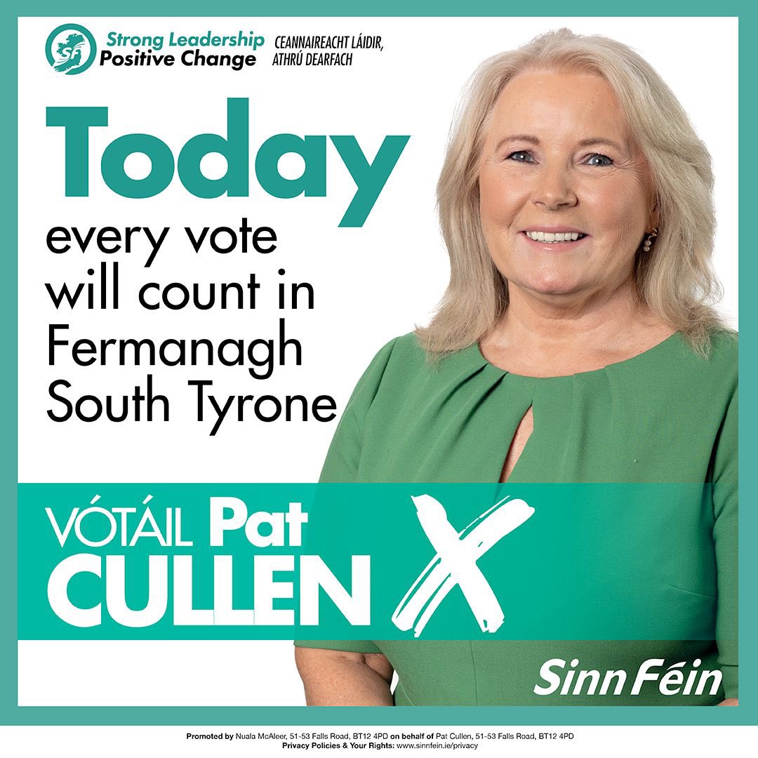 patcullen9's tweet image. Polling stations are now open!

Today every vote will count in Fermanagh South Tyrone.

Your vote can make a real difference.

Vote for strong leadership and positive change.

Vote Sinn Féin. Vótáil Pat Cullen X