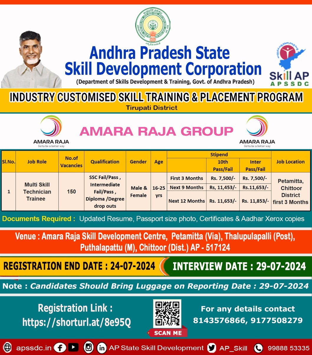 AP_Skill's tweet photo. APSSDC - @AmaraRaja_Group - Industry Customized Skill Training & Placement Program (#ICSTP)
Registrations are Opened
For more details on eligibility visit https://t.co/Cyqn5gEjn2
Contact: For any details : 8143576866 / 9177508275, Apssdc helpline : 99888 53335 https://t.co/QNkwTkOpUH