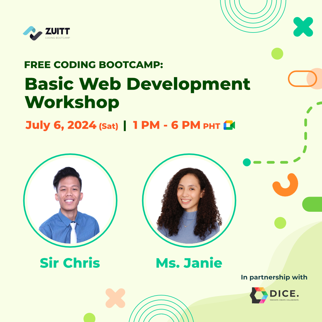 zuittco's tweet image. Catch Zuitt Instructors Chris & Janie as they lead the Free Coding Bootcamp on Saturday!
🗓 Save the date: July 6, 2024 (Saturday) 1 PM - 6:30 PM PHT
🙋 Register here: codenow.zuitt.co/FCBJuly6Regist…
#FreeCodingBootcamp #ZuittCodingBootcamp